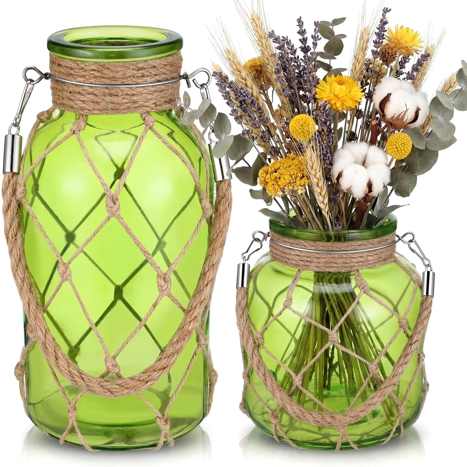 Set of 2 Olive Green Glass Vase Rope Net Dry Flower Glass Vase Rattan Hanging...