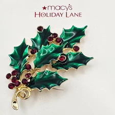 Macy’s Holiday Lane Holly & Berries Gold Tone & Rhinestone Brooch Pin NEW NOS