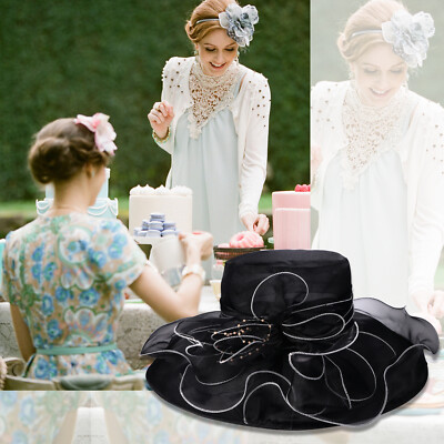 Womens Wide Brim Large Derby Fascinator Hat Organza Church 