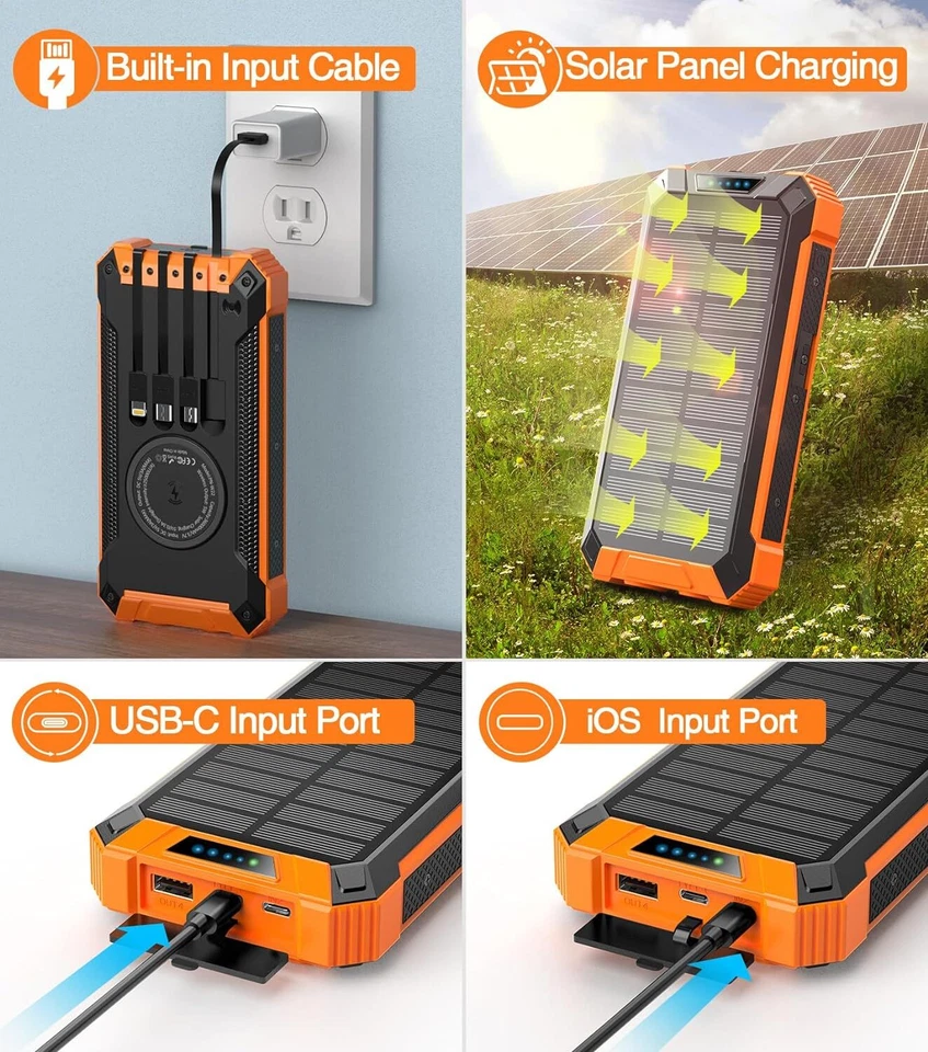 42800mAh Wireless Solar Power Bank Charger Built in 4 Cables USB Fast Charging - Image 4 of 4