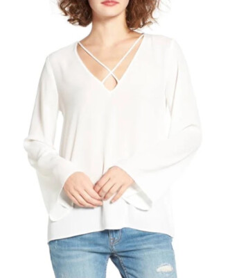 Lush Ivory V-Neck Long Sleeve  Blouse Size Small