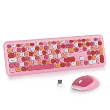 Pink Wireless Keyboard Mouse Set 2.4GHz Retro Typewriter Full Size Combo