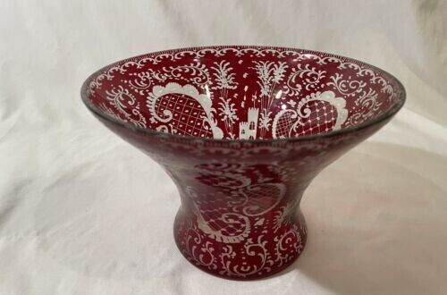 RARE EGERMANN RUBY RED CUT TO CLEAR BOWL 7 3/4" STAG CASTLE CZECH BOHEMIAN ART - Picture 1 of 1