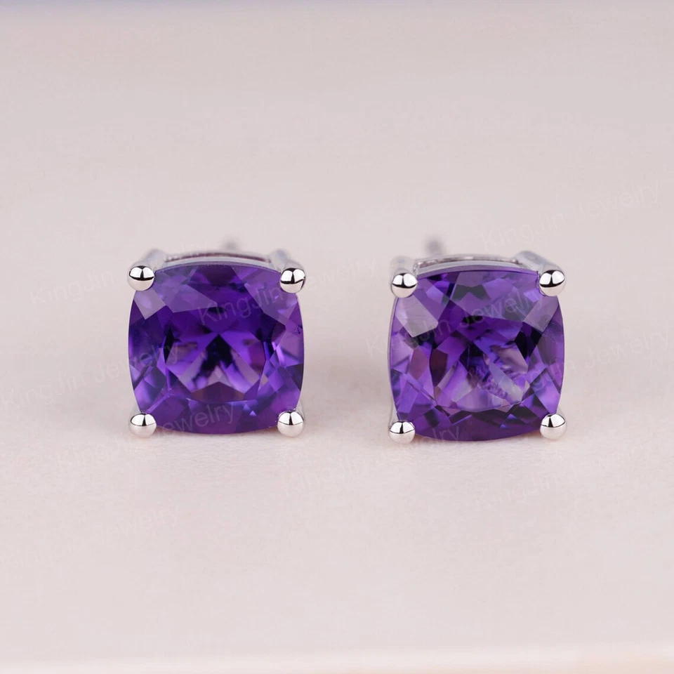 Aretes de diseño de plata de ley 925 con cojín de amatista natural para mujer Foto 2 de 4