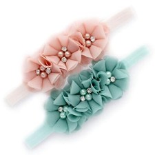 Flower Headbands for Baby Girls Toddler Fabric Beaded Stretchy Elastic Pair