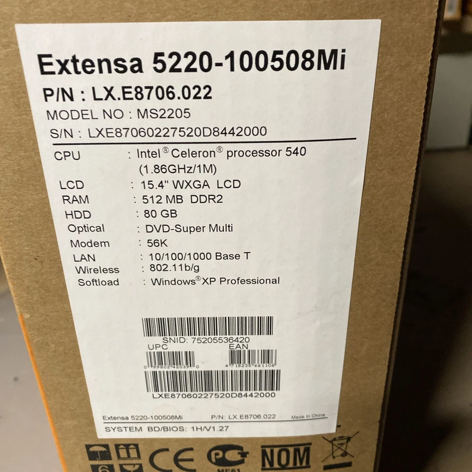 Acer Extensa 5220 Laptop Intel Celeron 540 HDD 80GB RAM 512 Windows XP Prof - Image 2 of 4