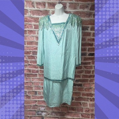 Vintage Davidson's Beaded Silk Dress Women's 100% Silk Sequin Art Deco Midi Gown