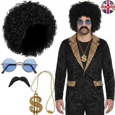 HERREN HIPPIE HIPPIE AFRO PERÜCKE BRILLE TASH KETTE 70ER FANCY KLEID KOSTÜM JUNGGESELLENABSCHIED