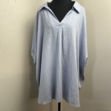 New Cato Est 1946 Chambray Linen Blouse Women's 26/28 Blue V-Neck Button Back