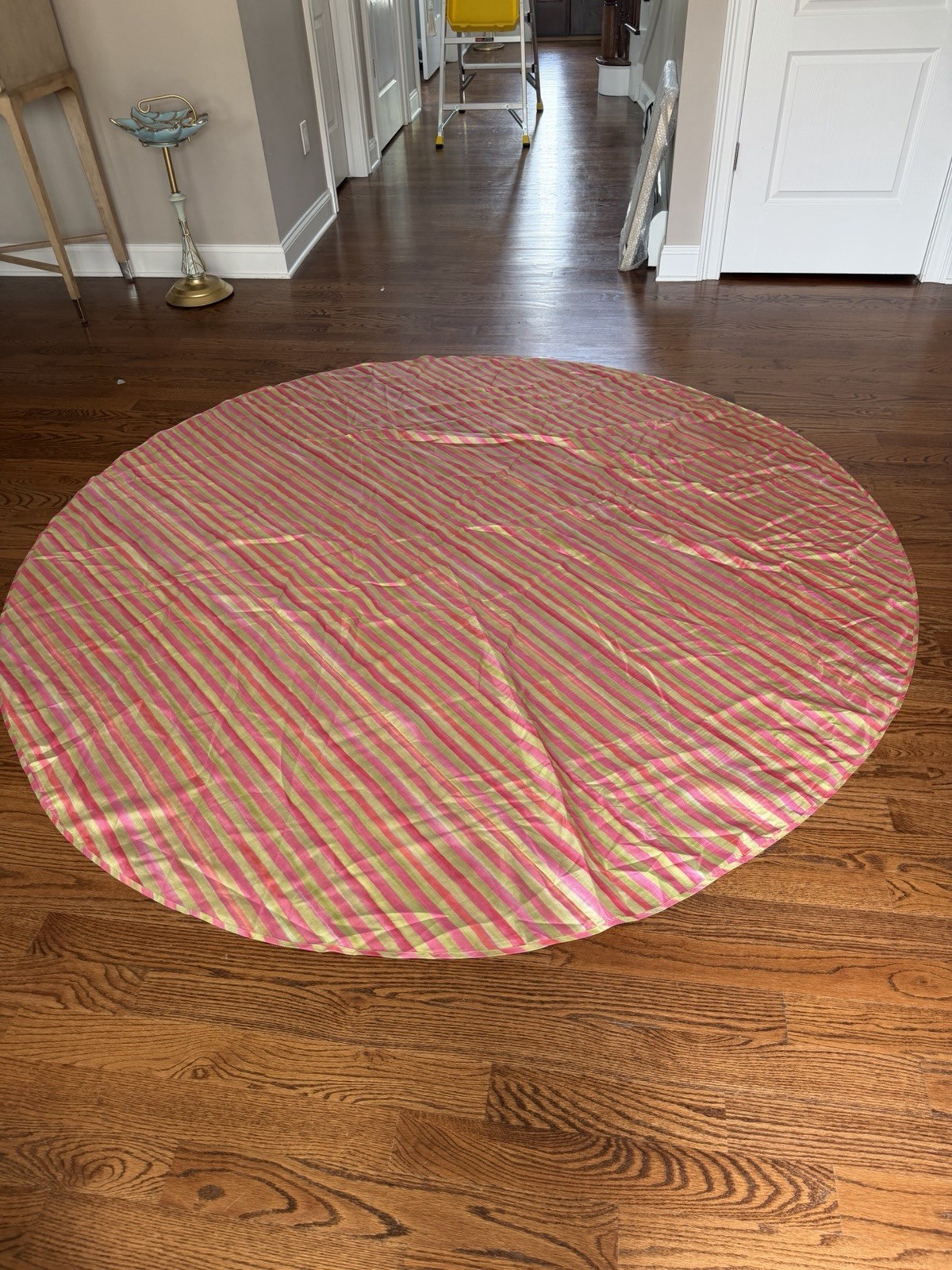 Retired Mackenzie Childs 90”Tulip Check Stripe Round Tablecloth Fabric Rare