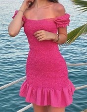 ZARA Pink Ruffled Mini Dress BodyCon Scrunch Puff Short Sleeve XS Stretch NWT