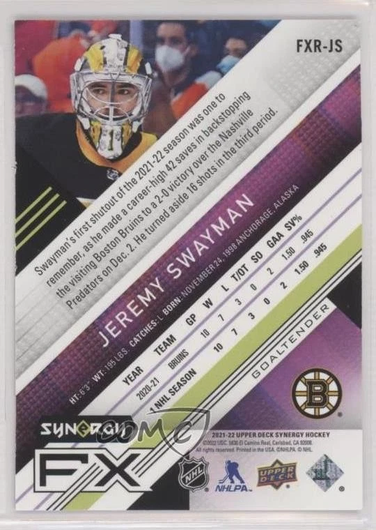 2021-22 Upper Deck Synergy FX Rookies Purple /275 Jeremy Swayman #FXR-JS RC - Image 2 of 2
