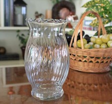 Hand Blown Clear Ribbed Glass Vase with Ruffled Rim