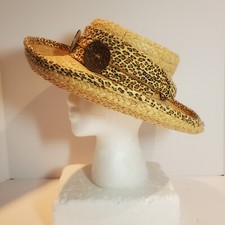 Vintage Sonni San Francisco Women's Hat Straw 1980s Wide Brim Animal Print
