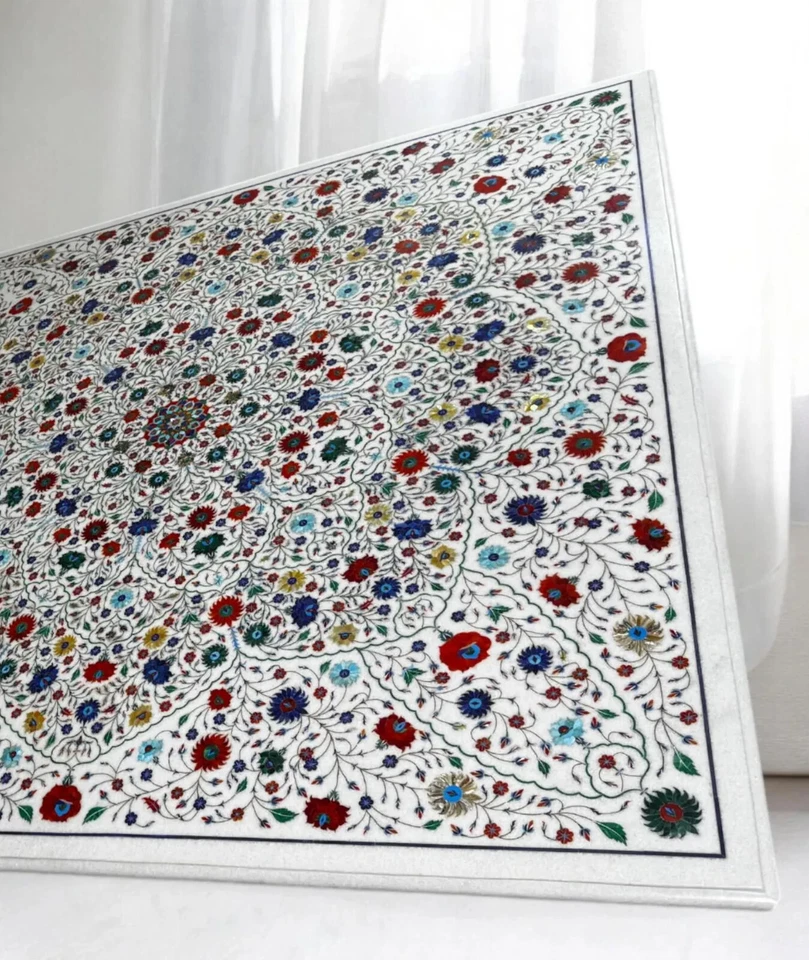 36" White Marble Inlay Table Top | Handmade Square Dining Table | Gemstone Decor - Image 4 of 4