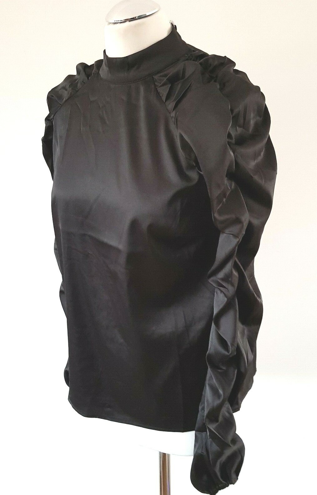 Vila Black Satin High Neck Blouse with Ruffle Sleeves Steampunk Goth UK Size 8-10