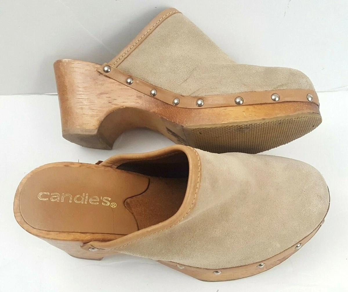Vintage Candies Platform Clogs 6.5 Mules Heels Slides Shoes Wood Beige Suede