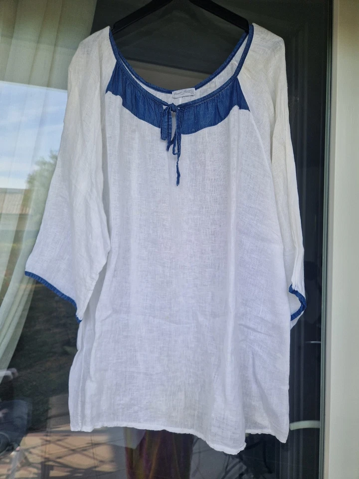Tunique "Piment rouge" Neuve Lin Blanc XXL - Photo 3/4