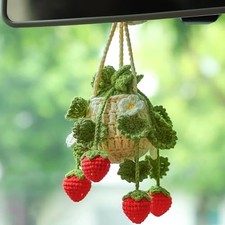 Car Rearview Hanging Accessories Decor, Cute Strawberry Crochet Army Green