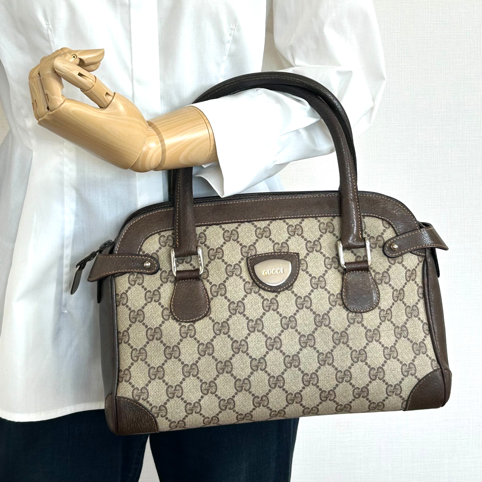 Vintage Gucci GG Supreme Brown PVC Leather Hand Bag Authentic