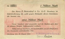 Hamburg P. Beiersdorf 1 Million Mark 1923 leicht gebraucht KN 14 !!!