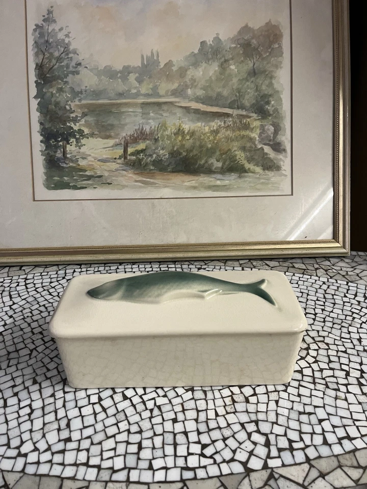 Antik Marinierte Herringe Keramik glasiert mit Deckel, Fischmotiv Beige/Grün - Bild 3 von 4