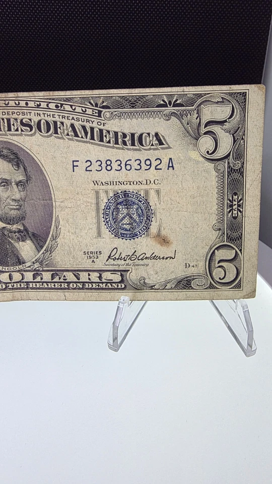 🔥1953 B $5 Dollar Blue Seal Silver Certificate Note UNC F23836392A🔥 - Image 2 of 4
