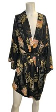 Vintage California Dynasty Black Floral Sheer Kimono Robe L Belted Boho Glam
