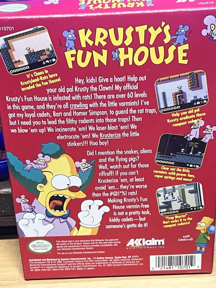 Krusty's Fun House Nintendo NES Complete In Box CIB Game Box Manual Simpsons - Image 2 of 4