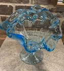 Vintage Crystal Murano Art Glass Crystal Baby Blue Color Large Pedestal Basket