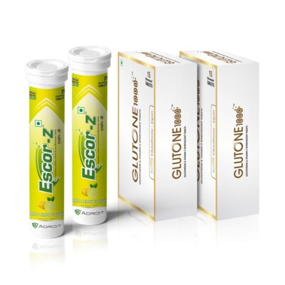Glutone 1000 & Escor-Z Combo Pack of 15 (2) + 20 (2) Tablets Lemon Flavour