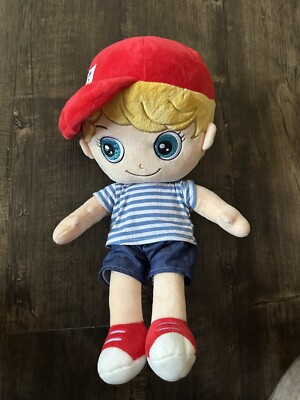 Plush Stuffed Cute Cartoon Boy Doll Blonde Hair, Red Hat, Blue
