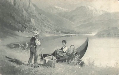 CP ILLUSTREE DANS MONTAGNES COUPLE BARQUE BORD LAC - Photo 1/2