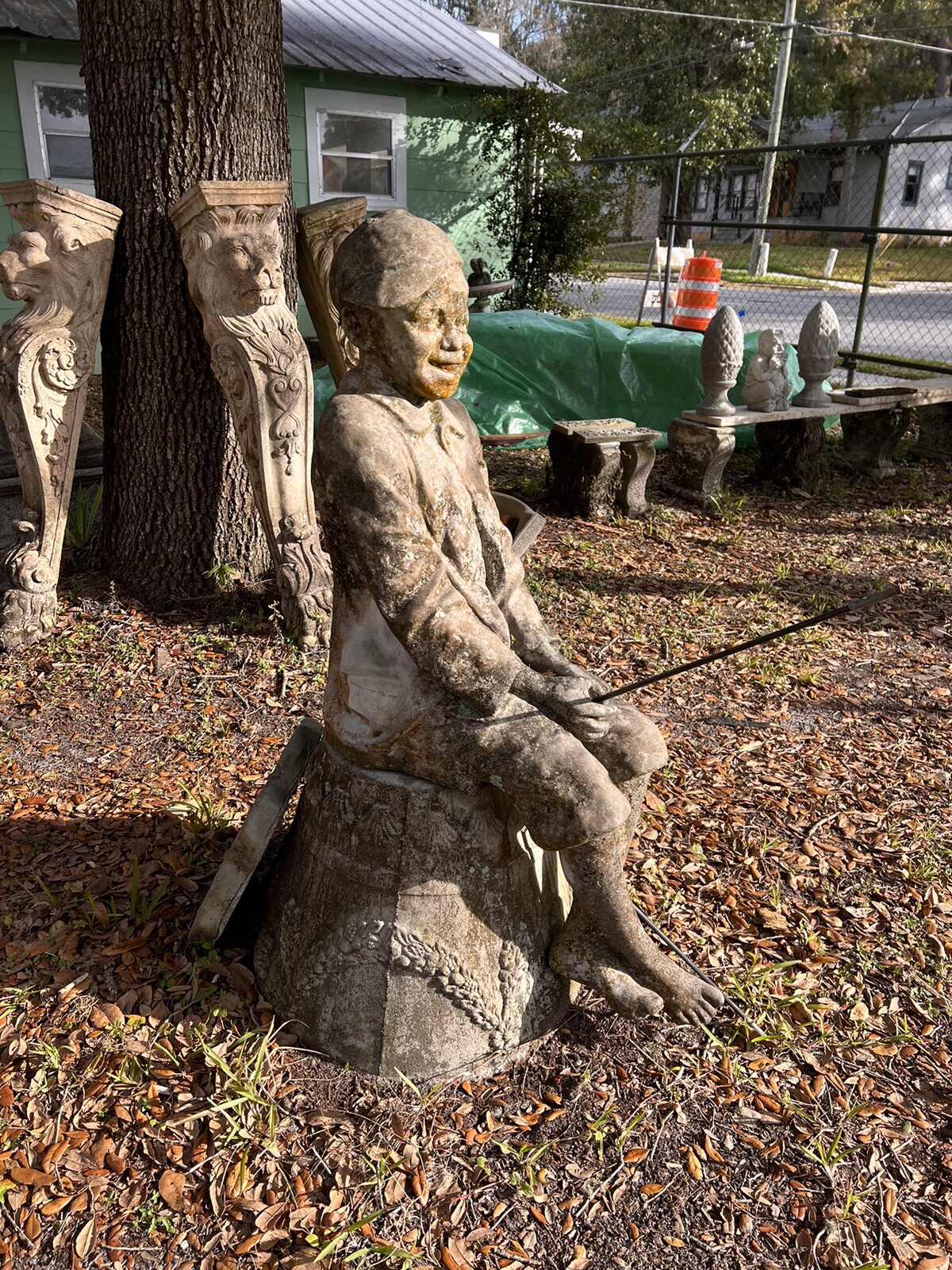 4Ft Vintage Concrete Statuary Fisher Boy Garden Beach Lakefront