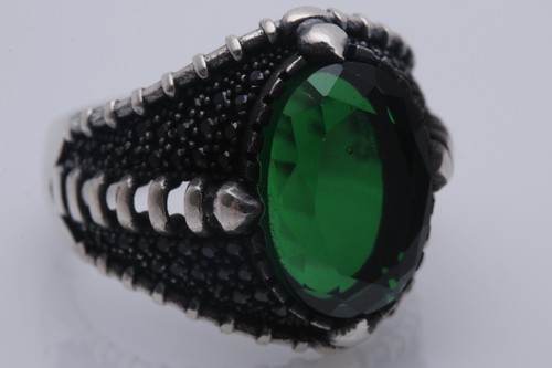 Turkish Style Handmade Jewelry Oval Shape Emerald 925 Sterling Silver Men's Ring - Picture 3 of 9