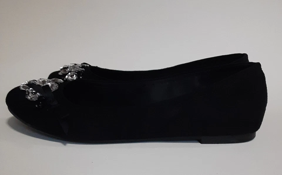 Zapatos planos de ballet Fioni Gwen negros imitación gamuza estrás adornados talla 9 Foto 2 de 4