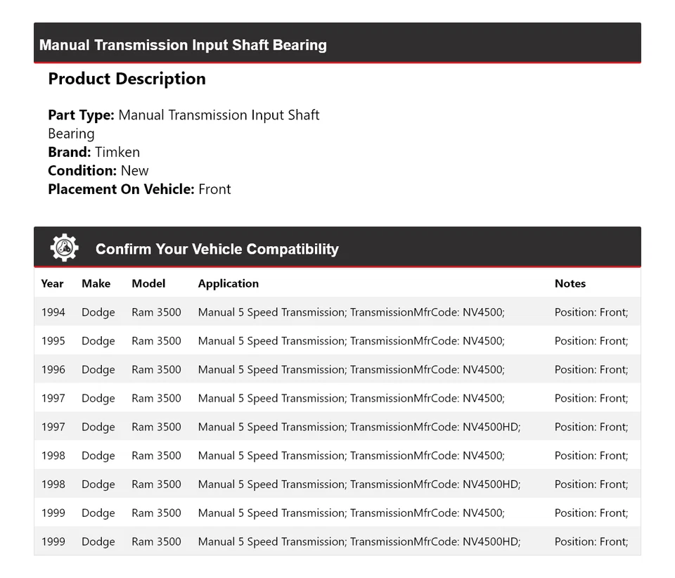 Cojinete de eje de entrada de transmisión manual Timken 1995 para Dodge Ram 3500 1994-1999 Foto 2 de 4