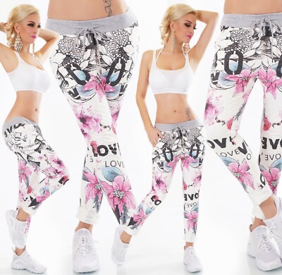 ITALY Damen Hose Baggy Boyfriend Wildleder Optik Freizeithose Tattoo Print 34-36