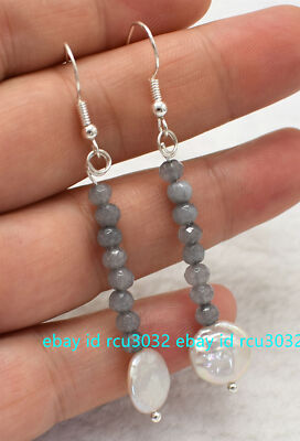 4mm Faceted Gray Aquamarine Round Beads White Coin Pearl Dangle Hook Earrings