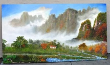 MISTY MOUNTAIN RIVER 31x54" 100% HAND PAINTED OIL PAINTING ON CANVAS  ART GIFT