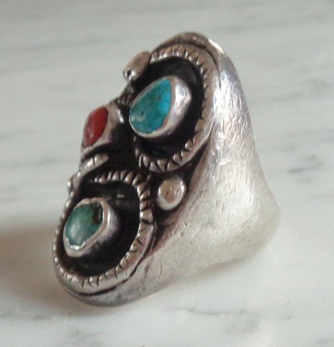 Navajo Sterling Silver Snake Turquoise Red Coral Mens Ring Size 11 - Picture 4 of 12