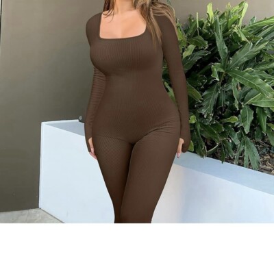 OQQ Women's Large Ribbed Long Sleeve Tummy Control Jumpsuit Tea Leaf Form Fit