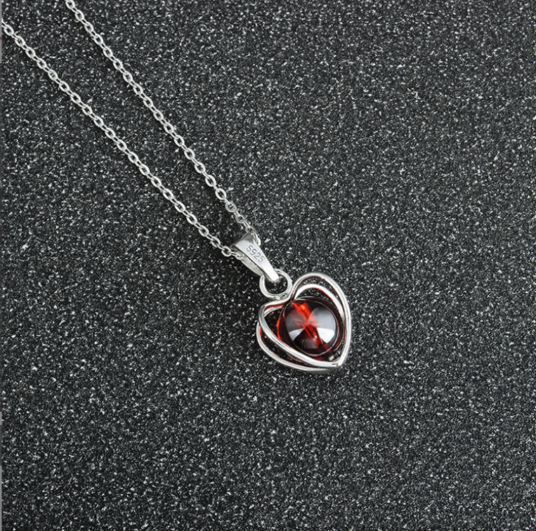 RED STONE HEART NECKLACE-SILVER925-ネックレス Stamped 925 Sterling Silver Red CZ Heart Pendant Necklace 18