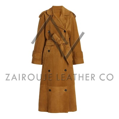Women Brown Suede Trench Coat - Long Belted Double-Breasted Overcoat, Luxe Chic