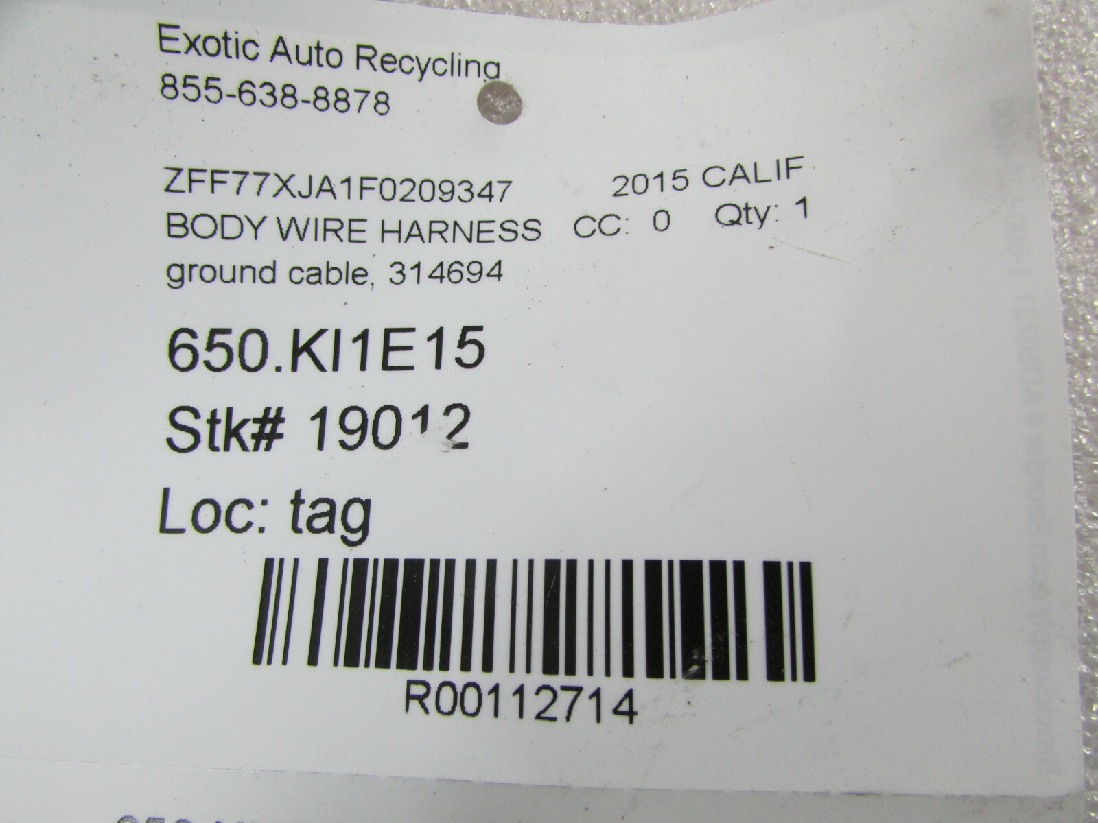 Ferrari California T, Ground Cable, Used, P/N 314694