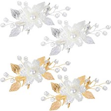 4 Pcs Pearls Flower Hair Clips Bridal White Silver Leaf Vine Crystal Pins
