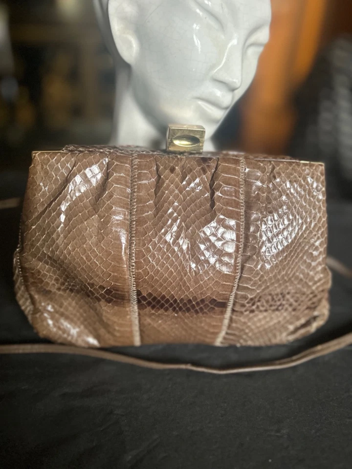 Змеиная кожа сумочка Дамская сумка застежки серо-коричневый кожаный ремень винтажный 60-х гламур - Изображение 4 из 4