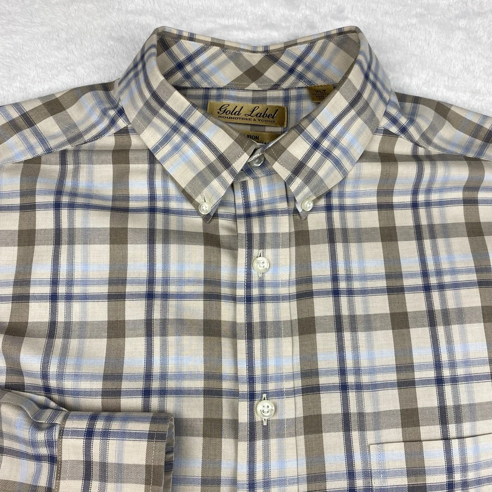 Roundtree & Yorke Gold Label Dress Shirt Mens XLT Blue/Tan Plaid No Iron - Image 2 of 4