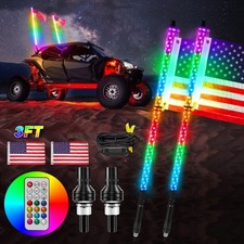 2Pcs 3FT RGB Spiral LED Whip Lights, Antenna Chase Flag  Remote for ATV UTV RZR