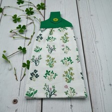 St. Patrick's Day Dishtowel Green and Gold Flowers on White Towel